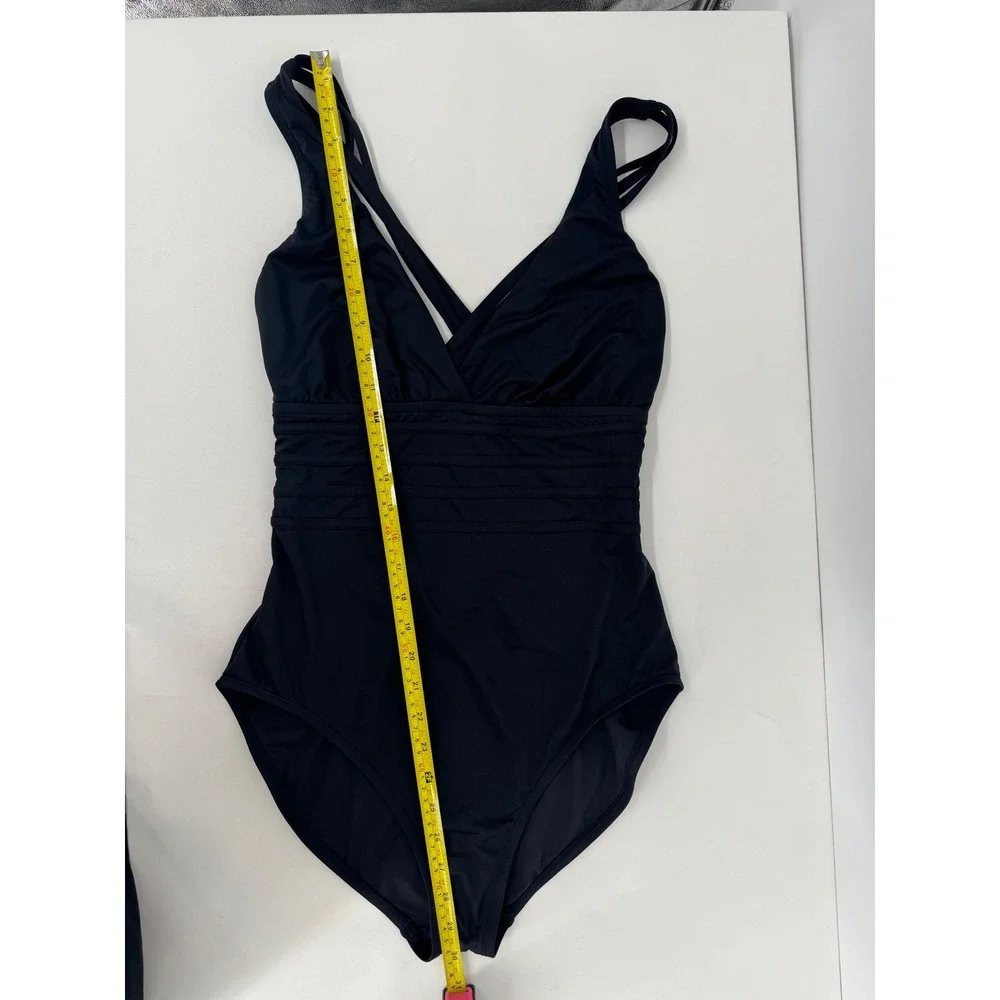 La Blanca Sz 12 Black V-Neck One-Piece Swimsuit Ruched Criss Cross Back Straps